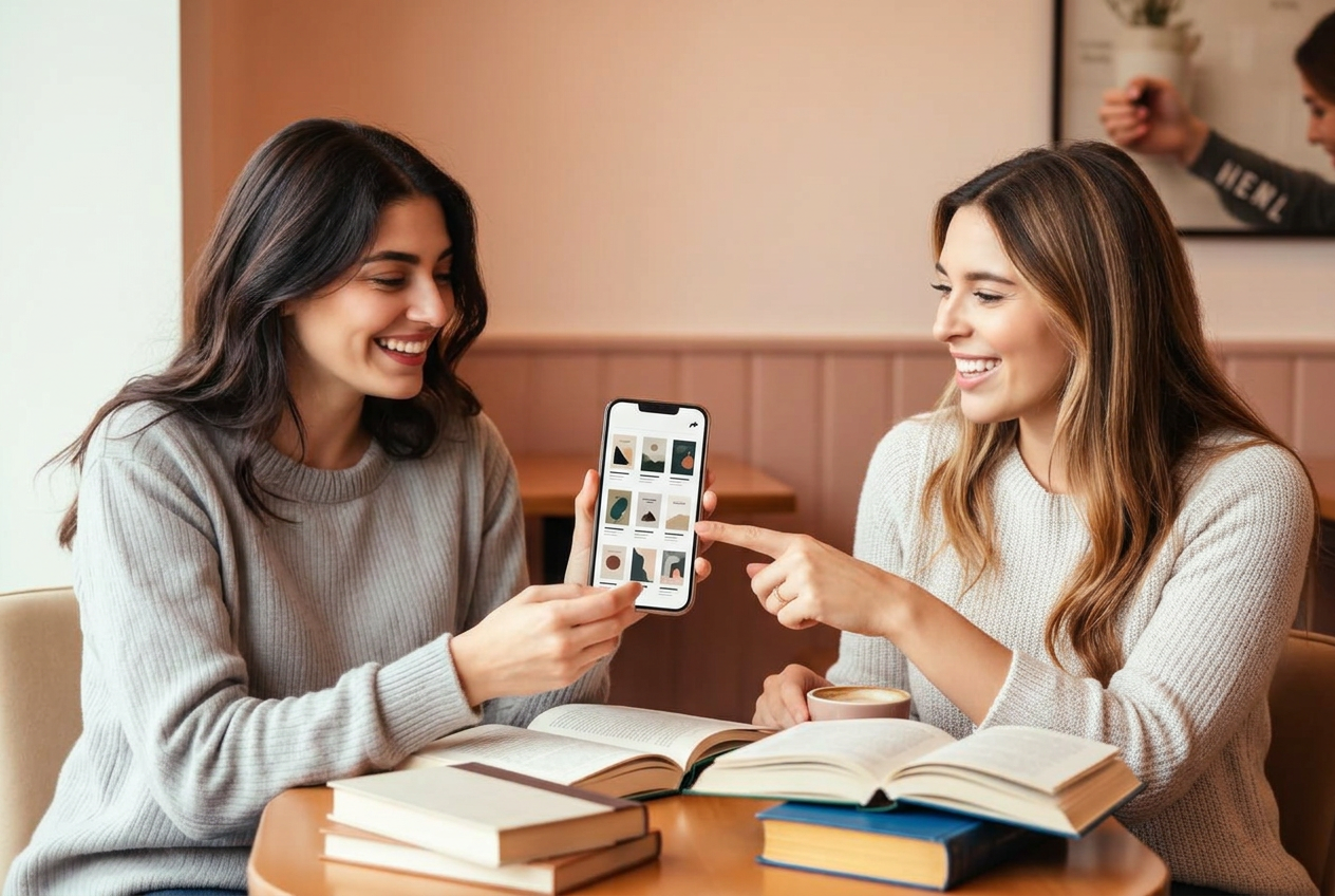 To venner som deler en digital bokhylle på mobilen